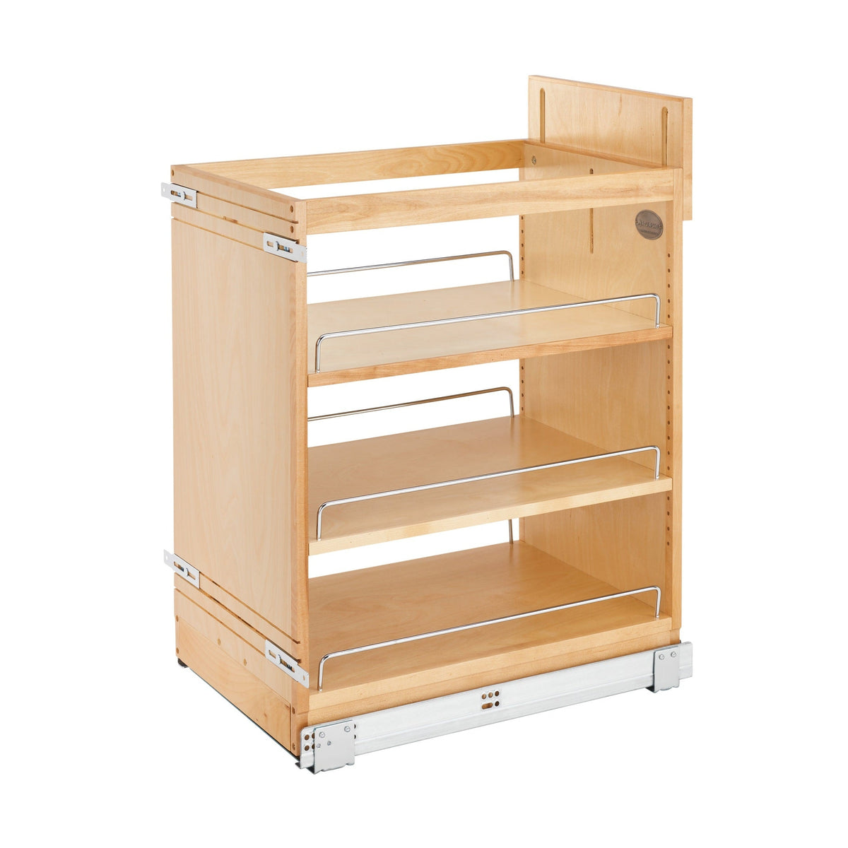 Rev-A-Shelf 448-BCSC-14C maple base pullout organizer, 14-5/8" wide, for an 18" face frame cabinet, with chrome shelf rails, door-mount bracket and undermount slide