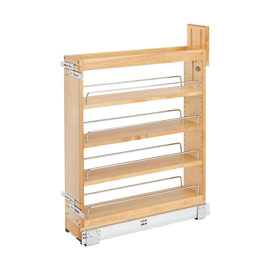 Rev-A-Shelf 448-BCSC-5C maple base pullout organizer, 6" wide, for a 9" face frame cabinet, with chrome shelf rails, door-mount bracket and undermount slide