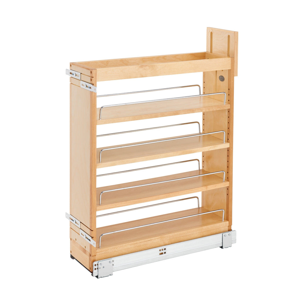 Rev-A-Shelf 448-BCSC-6C maple base pullout organizer, 7-1/4" wide, for a 9" frameless cabinet, with chrome shelf rails, door-mount bracket and undermount slide