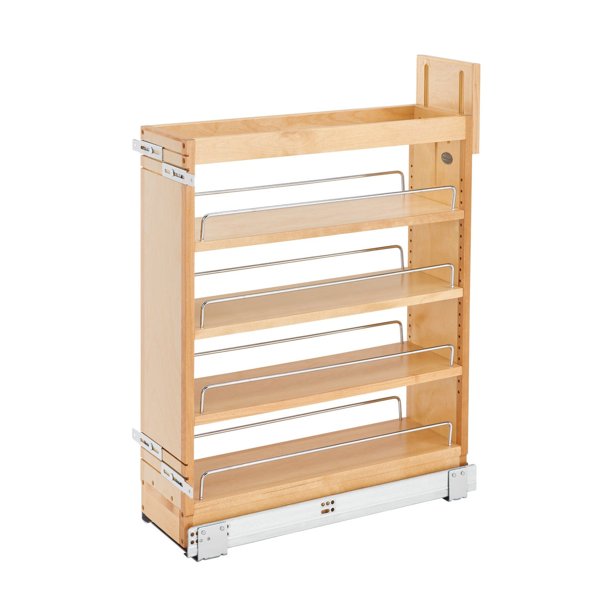 Rev-A-Shelf 448-BCSC-6C maple base pullout organizer, 7-1/4" wide, for a 9" frameless cabinet, with chrome shelf rails, door-mount bracket and undermount slide