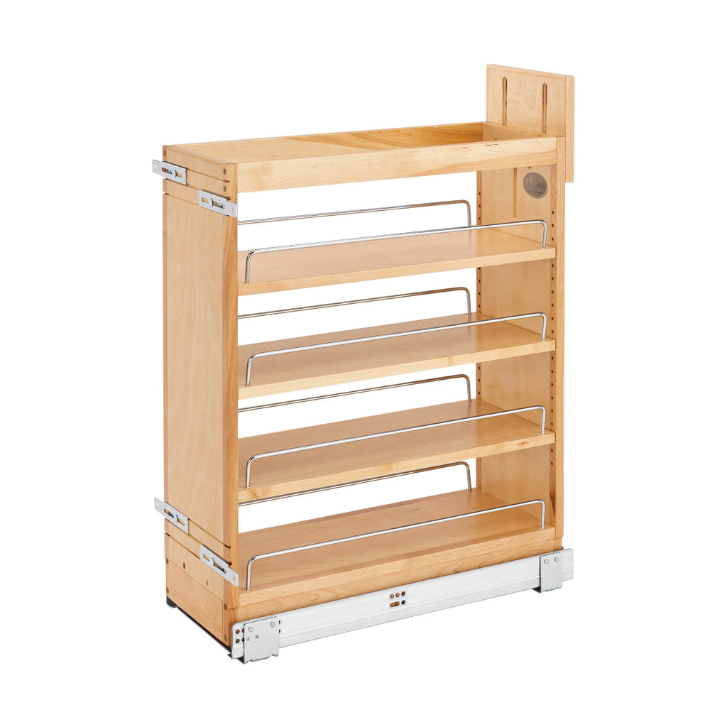 Rev-A-Shelf 448-BCSC-8C maple base pullout organizer, 8-3/4" wide, for a 12" face frame cabinet, with chrome shelf rails, door-mount bracket and undermount slide