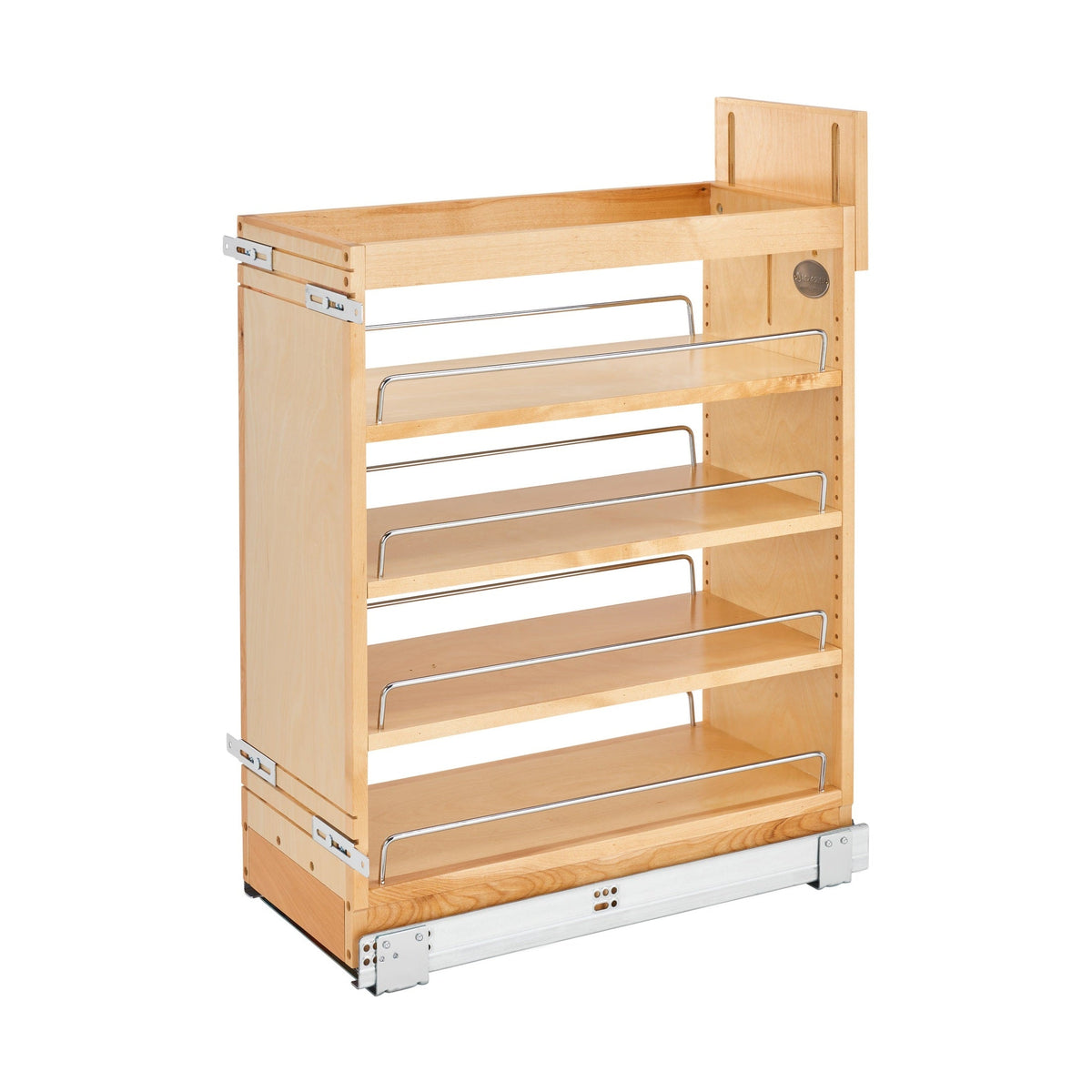 Rev-A-Shelf 448-BCSC-9C maple base pullout organizer, 10-1/4" wide, for a 12" frameless cabinet, with chrome shelf rails, door-mount bracket and undermount slide