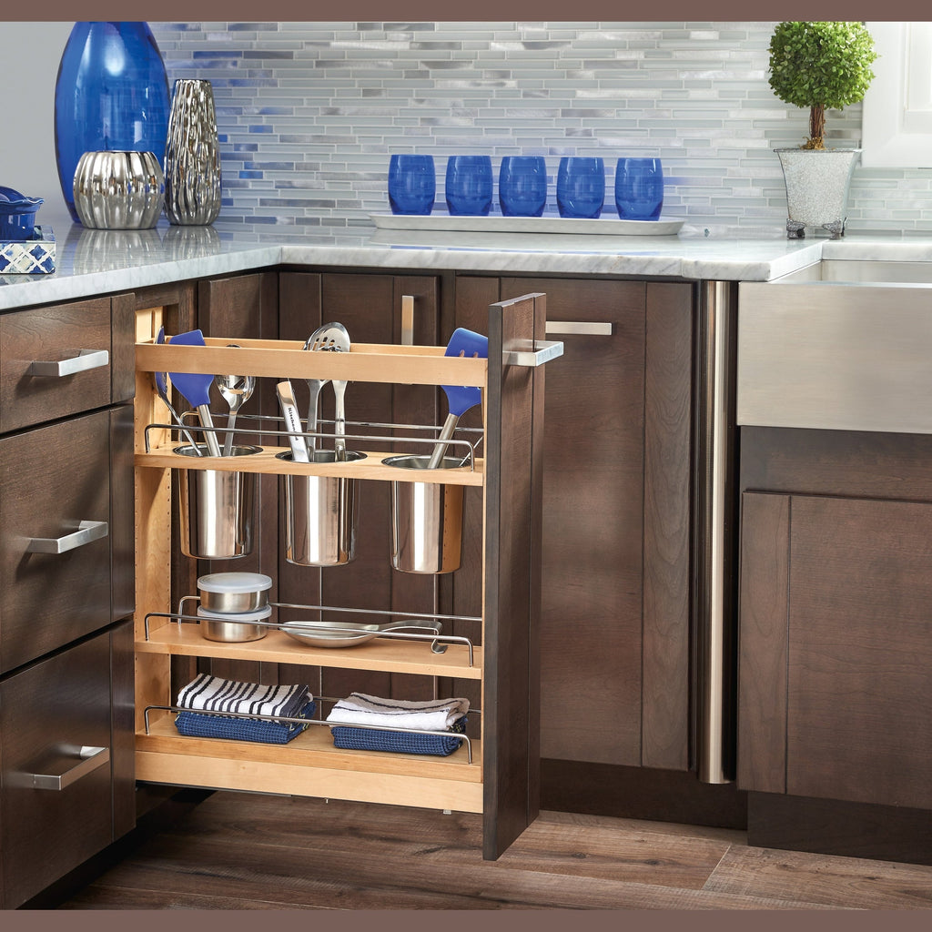 REV-A-SHELF 448UT Series Maple Utensil Pullout Organizer w/ bins and BLUM Soft-Close
