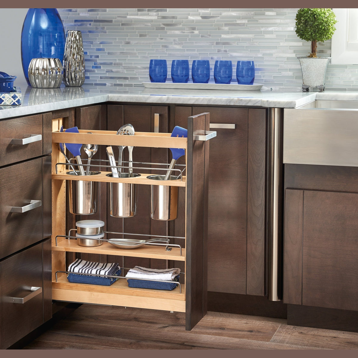 REV-A-SHELF 448UT Series Maple Utensil Pullout Organizer w/ bins and BLUM Soft-Close