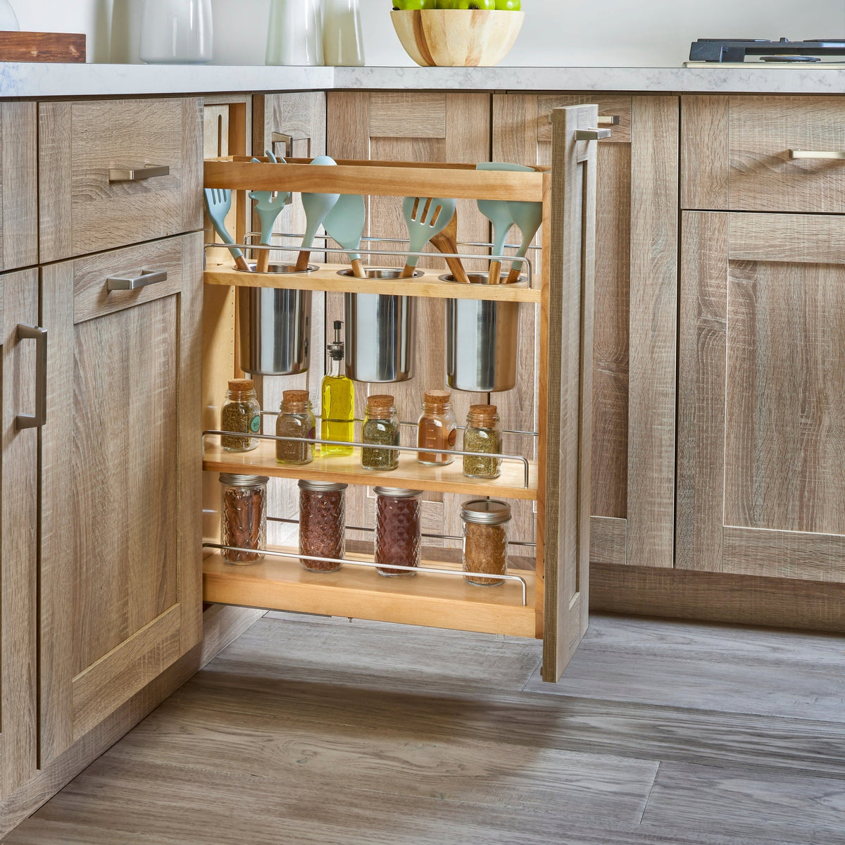 REV-A-SHELF 448UT Series Maple Utensil Pullout Organizer w/ bins and BLUM Soft-Close