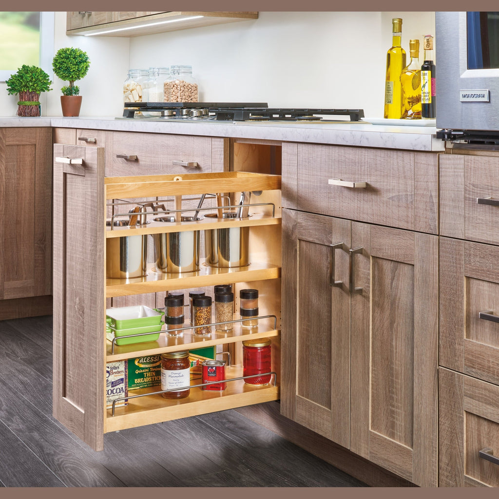 REV-A-SHELF 449UT Series Natural Maple Bottom and Side Mount Two Shelf Utensil Bin Pullout w/ BLUMOTION Soft-Close