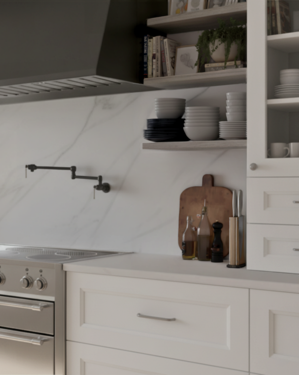 Modern kitchen with white cabinets, marble backsplash, and stainless steel appliances.
