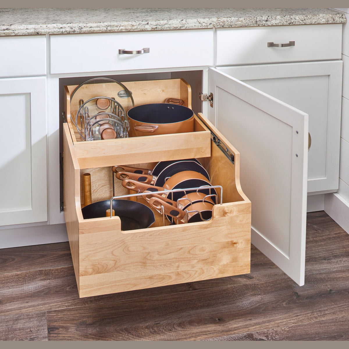 REV-A-SHELF 4CW2 Series Natural Maple Two-Tier Cookware Organizer w/ MOVENTO
