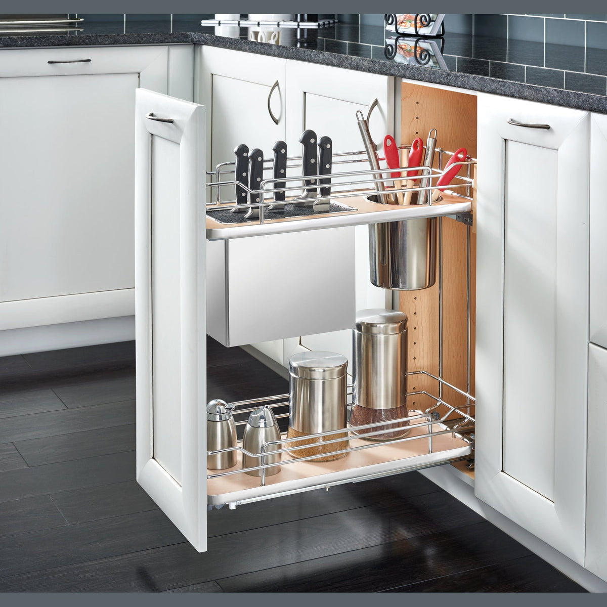 REV-A-SHELF 5322KB Series Solid Bottom Chrome Wire Two-Tier Knife Block Pullout Organizer w/ BLUM Soft-Close
