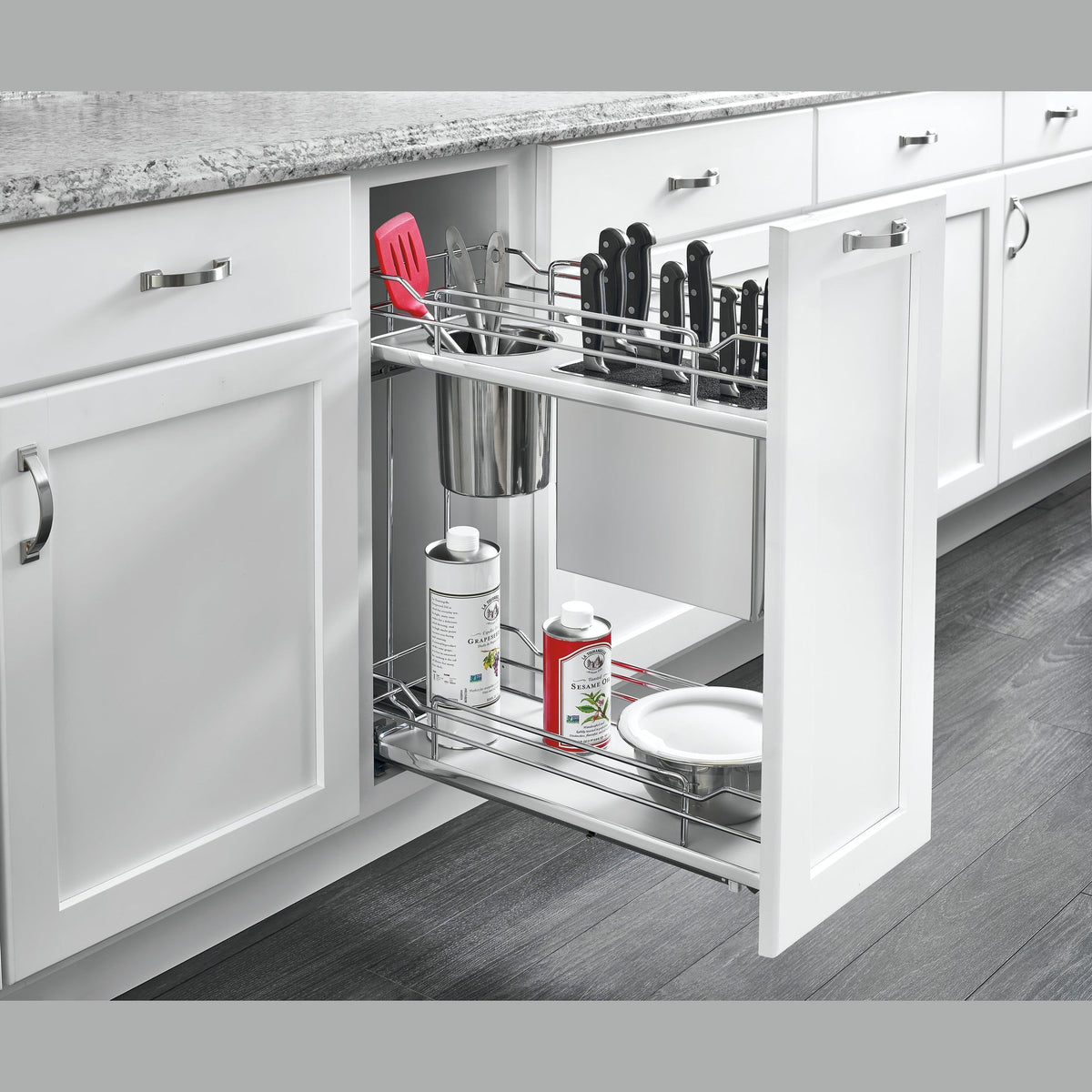 REV-A-SHELF 5322KB Series Solid Bottom Chrome Wire Two-Tier Knife Block Pullout Organizer w/ BLUM Soft-Close