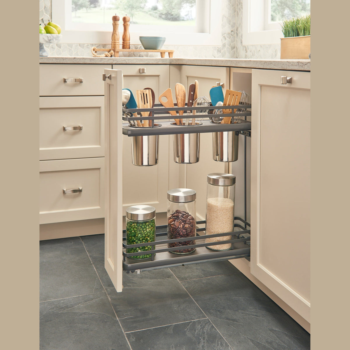 REV-A-SHELF 5322UT Series Solid Bottom Flat Wire Frame Contemporary Base Cabinet Pullout w/ Utensil Bins and BLUMOTION Soft-Close