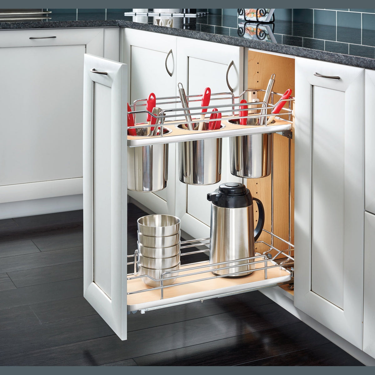 REV-A-SHELF 5322UT Series Solid Bottom Flat Wire Frame Contemporary Base Cabinet Pullout w/ Utensil Bins and BLUMOTION Soft-Close
