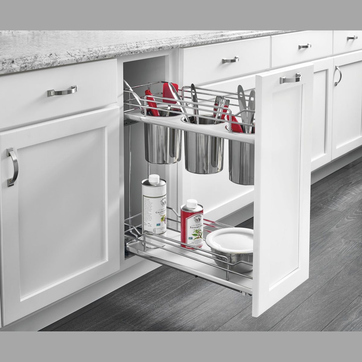REV-A-SHELF 5322UT Series Solid Bottom Flat Wire Frame Contemporary Base Cabinet Pullout w/ Utensil Bins and BLUMOTION Soft-Close