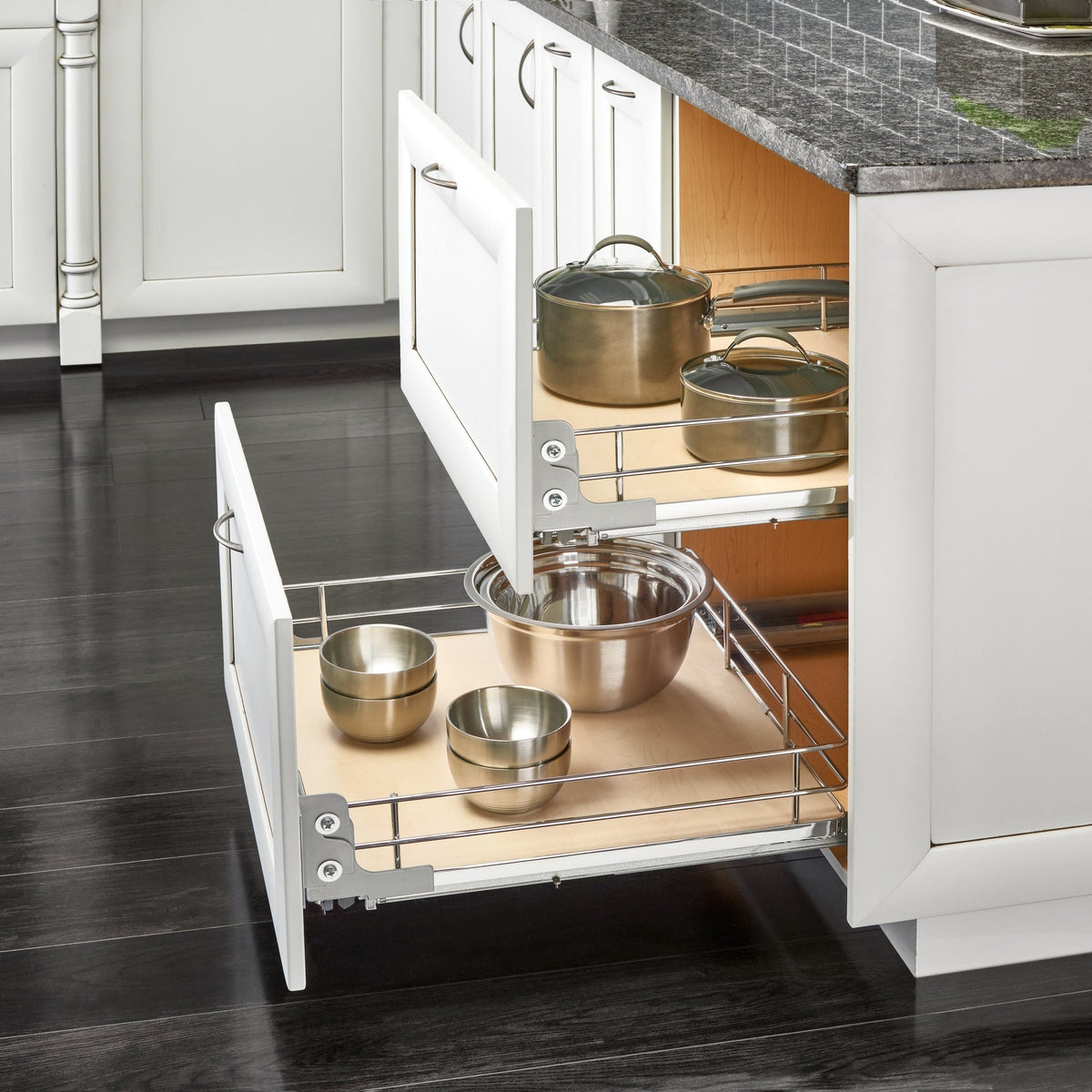 REV-A-SHELF 5330 Series Solid Bottom Chrome Wire Frame Contemporary Single Pullout Basket w/ BLUMOTION Soft-Close