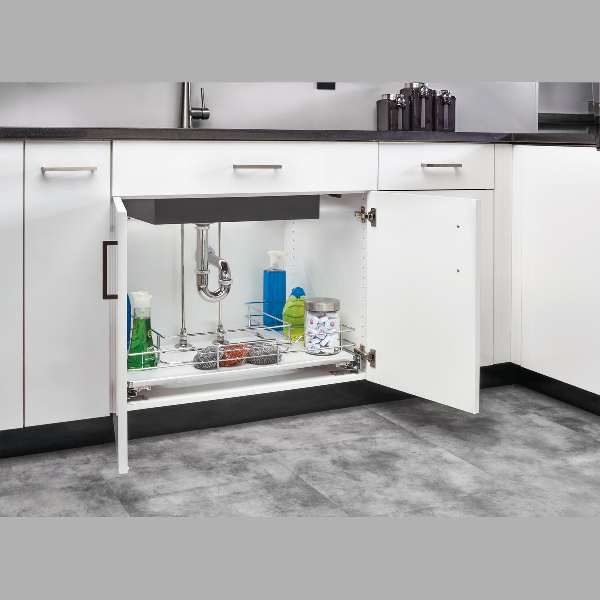 REV-A-SHELF 5386 Series Solid Bottom U-Shaped Vanity Pullout w/ BLUMOTION Soft-Close for Sink Base