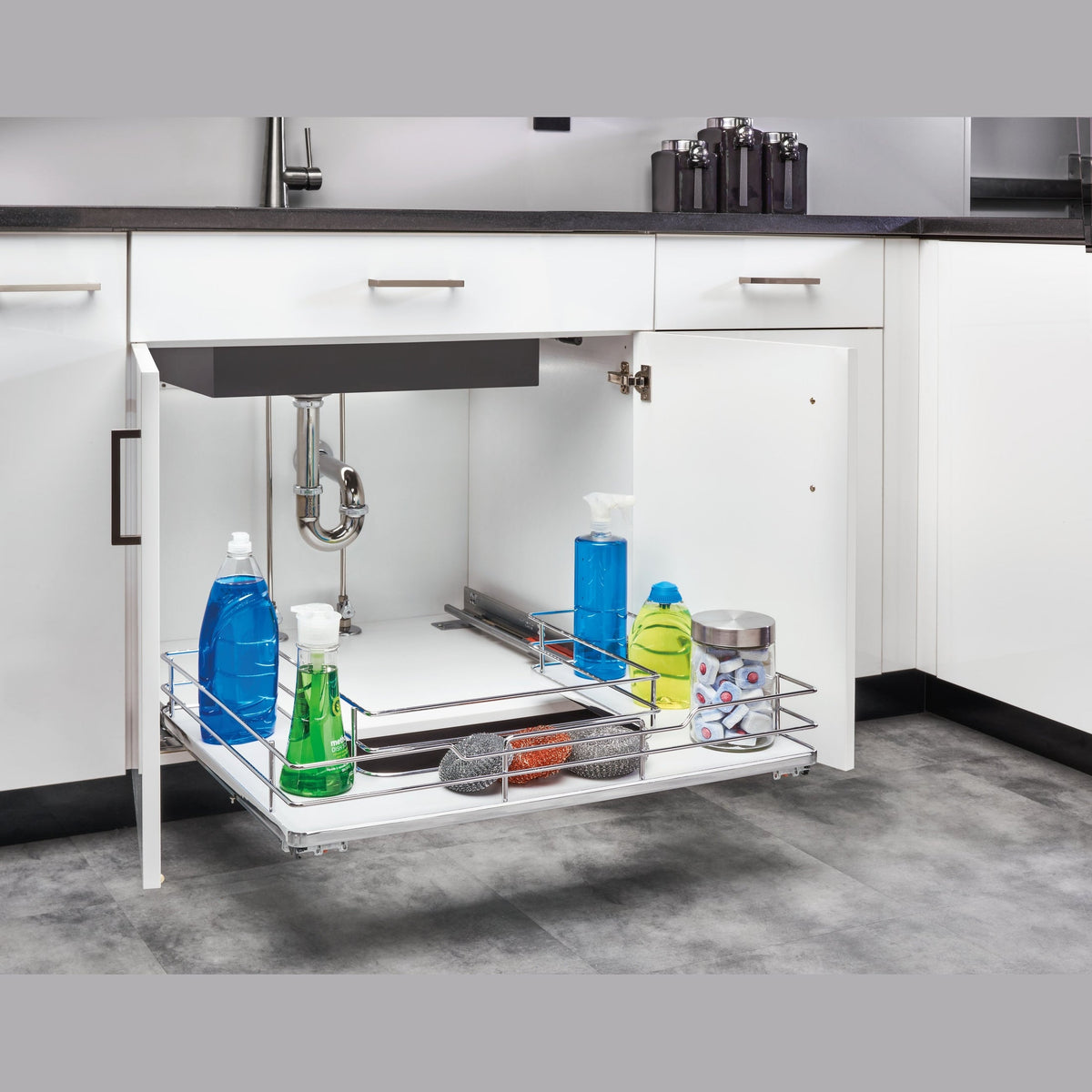 REV-A-SHELF 5386 Series Solid Bottom U-Shaped Vanity Pullout w/ BLUMOTION Soft-Close for Sink Base