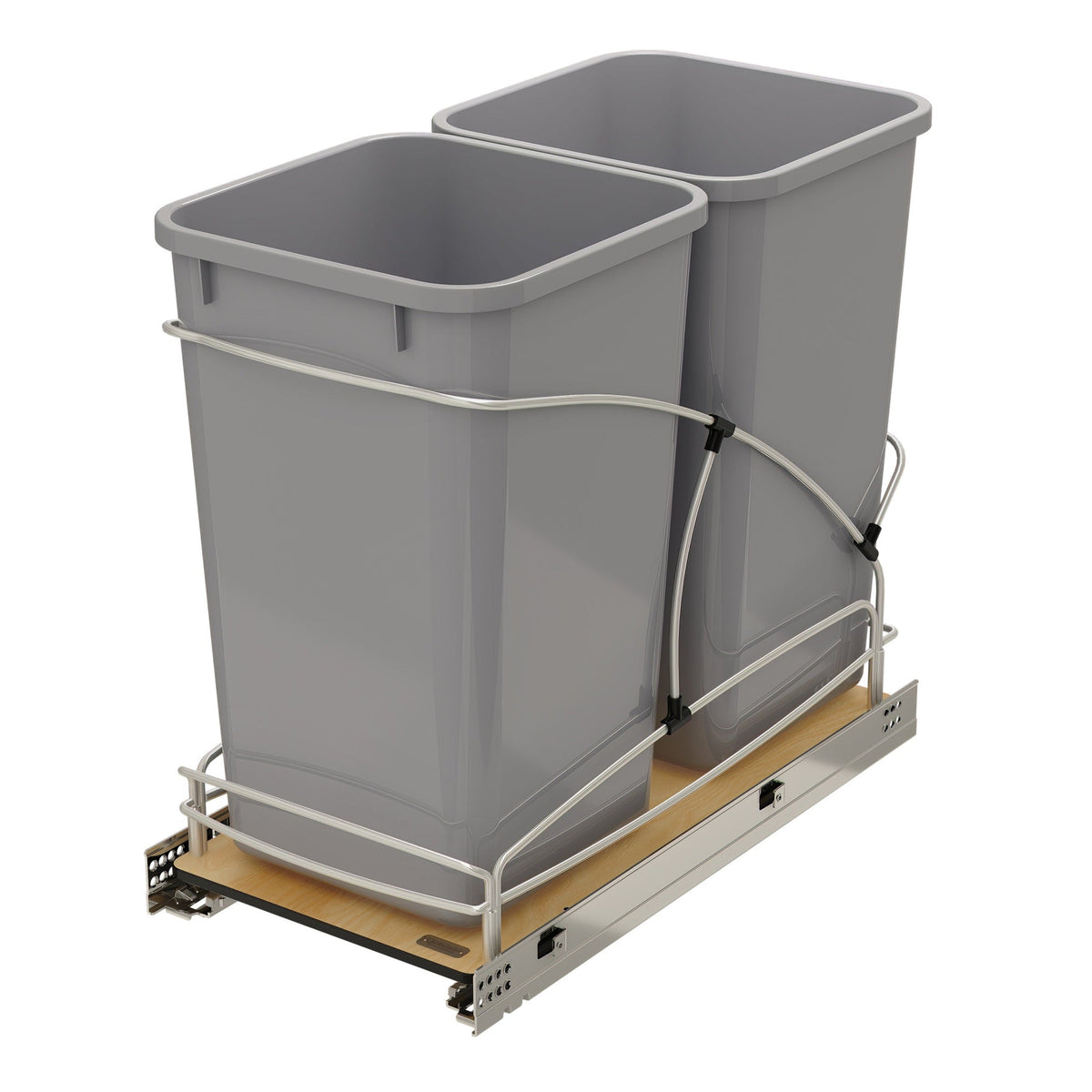 REV-A-SHELF 54WC-1527SC-17-1 Series Double Silver 27 qt. Steel Bottom Mount Pullout Waste Container w/Soft Close for 15" Base Cabinets