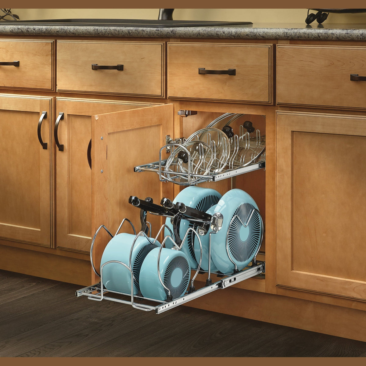 REV-A-SHELF 5CW2-SC Series Pullout Two-Tier Base Cabinet Cookware Organizer w/ Soft-Close Slides
