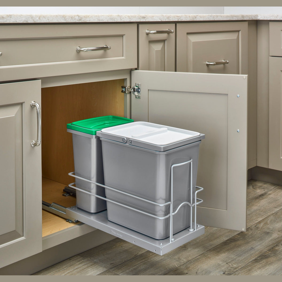 REV-A-SHELF 5SBWC-815S-1  Single 8 L Metallic Silver and Single 15 L Gray Waste Container w/ Soft-Close for 24" Sink Base