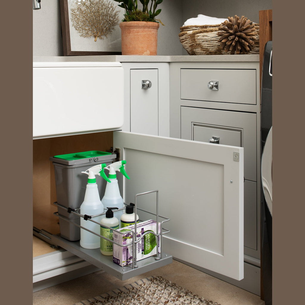 REV-A-SHELF 5SBWCC-8S-1 Single 8 L Metallic Silver Waste Container w/ (2) Spray Bottles &amp; Soft-Close for 24" Sink Base