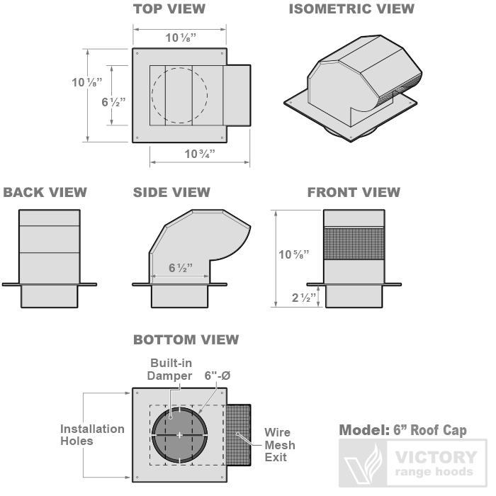 Victory galvanized steel roof vent cap for 6 inch range hood duct, view 2