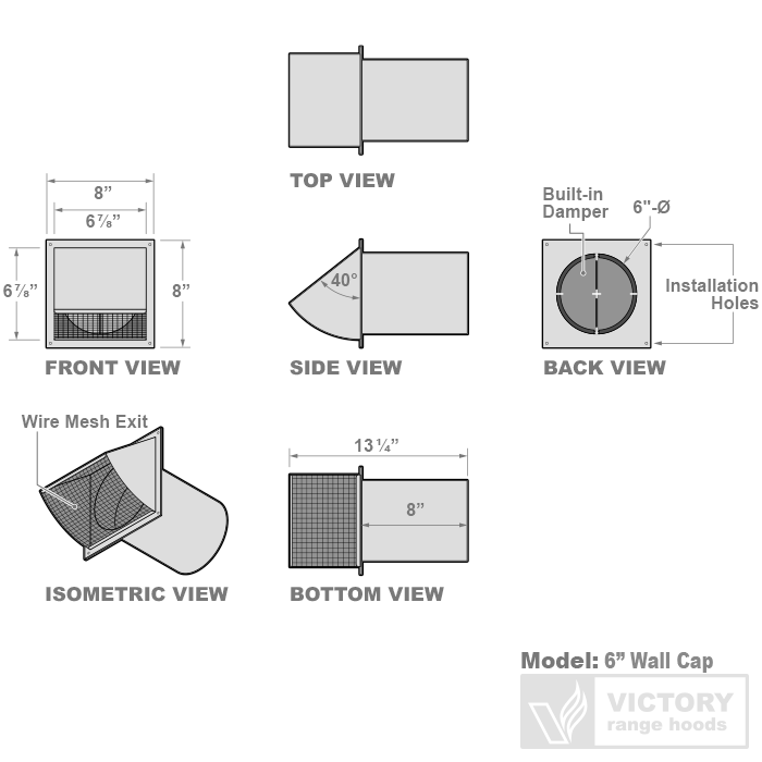 Victory metal wall vent cap for 6 inch range hood duct, view 2