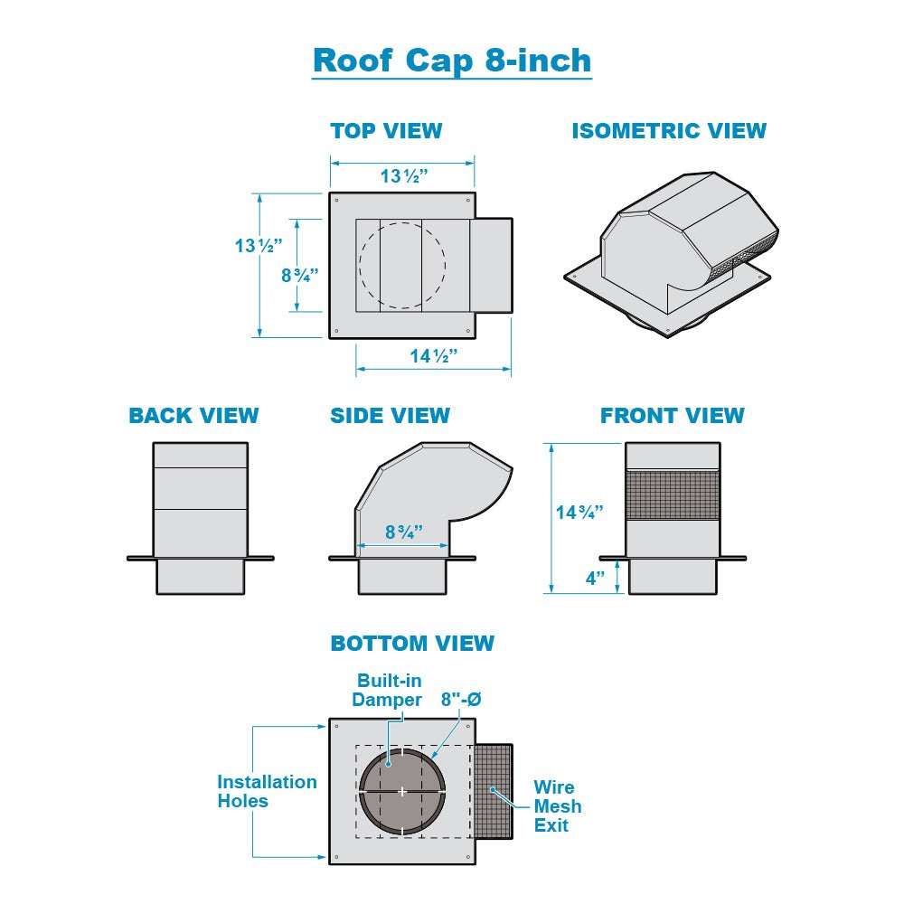 Victory galvanized steel roof vent cap for 8 inch range hood duct, view 2