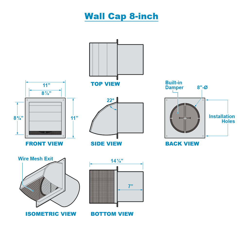 Victory metal wall vent cap for 8 inch range hood duct, view 2