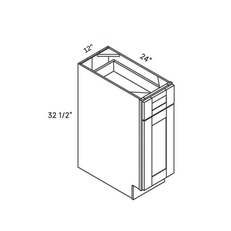 White traditional shaker ADA base cabinet, 12″ wide, 32.5″ high, 24″ deep, shown in a technical line drawing with dimensions. Part of the Seaport line from the Kitchen & Cabinet Store.