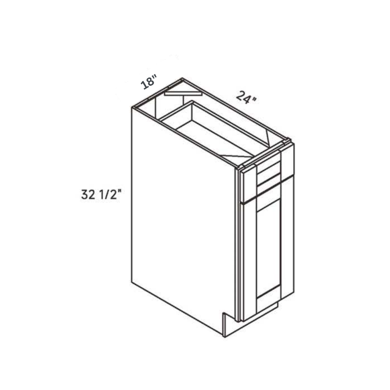 White traditional shaker ADA base cabinet, 18″ wide, 32.5″ high, 24″ deep, shown in a technical line drawing with dimensions. Part of the Seaport line from the Kitchen & Cabinet Store.