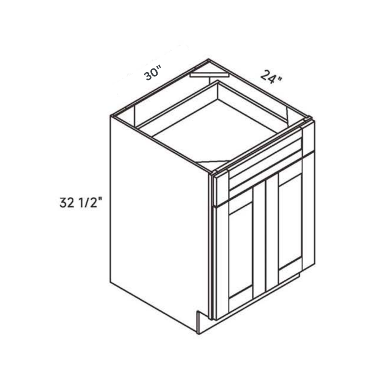 White traditional shaker ADA double base, 30″ wide, 32.5″ high, 24″ deep, shown in a technical line drawing with dimensions. Part of the Seaport line from the Kitchen & Cabinet Store.