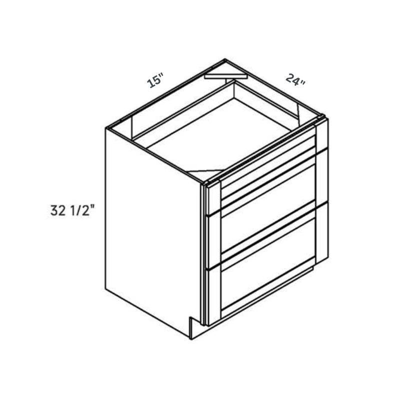 White traditional shaker ADA 3, 15″ wide, 32.5″ high, 24″ deep, shown in a technical line drawing with dimensions. Part of the Seaport line from the Kitchen & Cabinet Store.