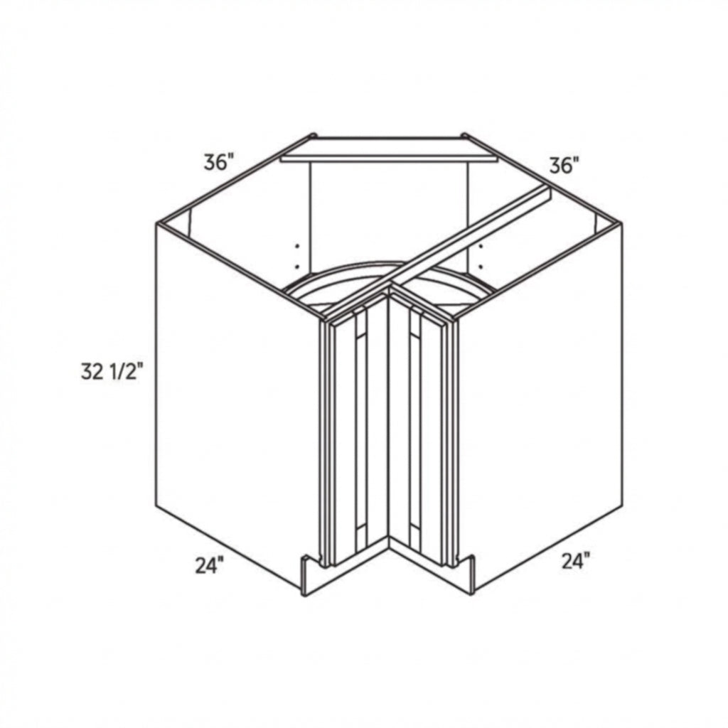 Traditional shaker ADA lazy susan corner, 36″ wide, 32.5″ high, 24″ deep, shown in a technical line drawing with dimensions. Part of the Seaport line from the Kitchen & Cabinet Store.