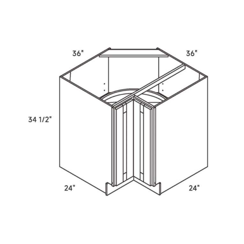 White traditional shaker ADA lazy susan corner, 36″ wide, 32.5″ high, 24″ deep, shown in a technical line drawing with dimensions. Part of the Seaport line from the Kitchen & Cabinet Store.