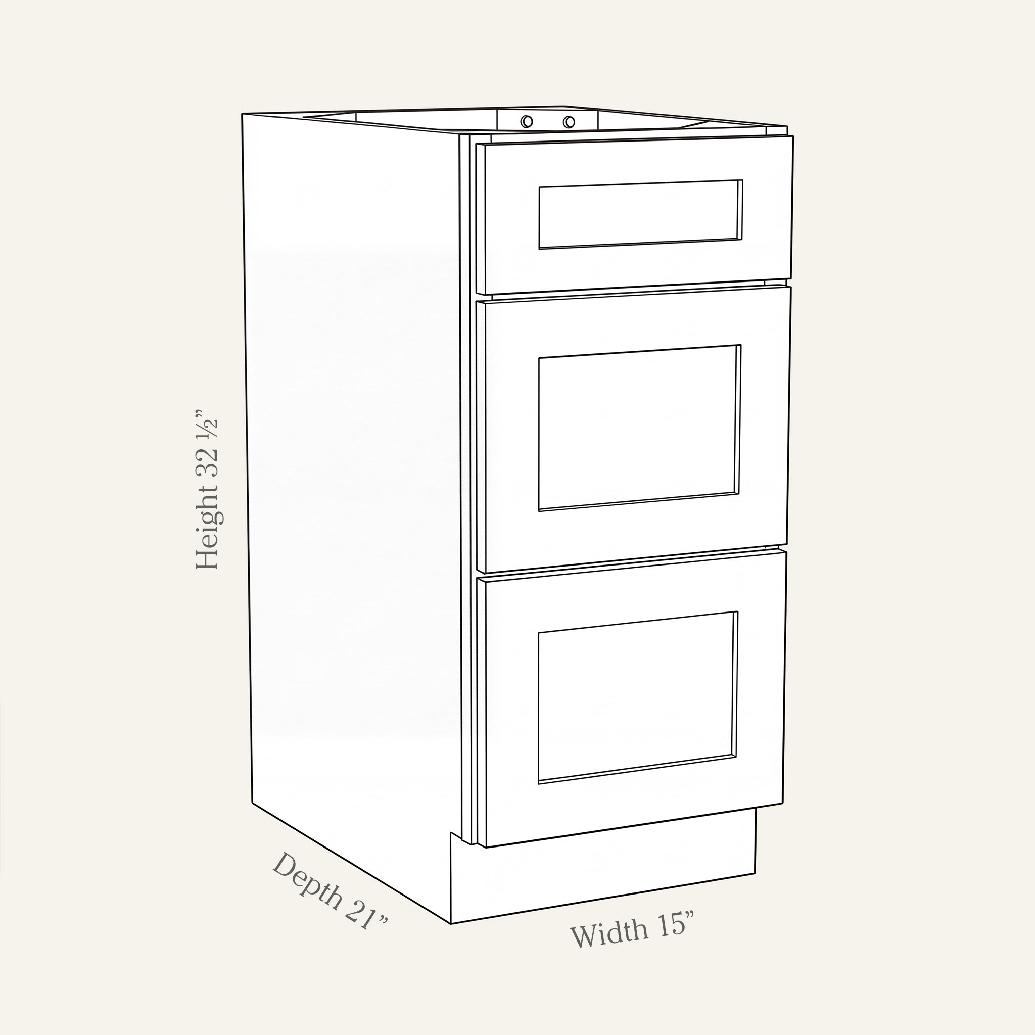Dimension drawing of a Seaport Shaker ADA height 3-drawer vanity cabinet, 15W, 32.5H, 21D.
