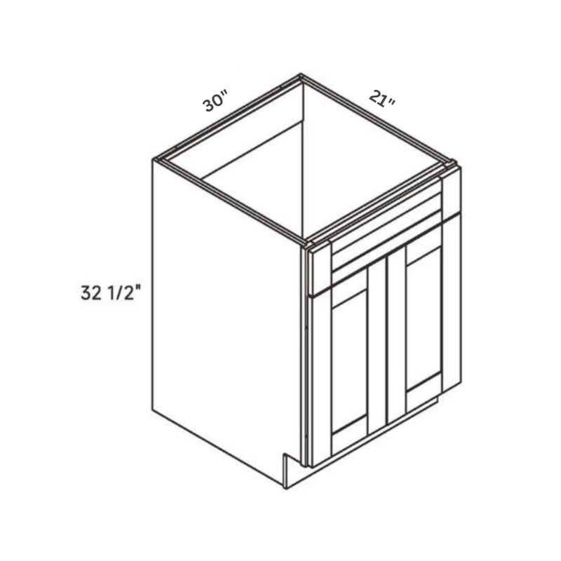Light Gray traditional shaker ADA vanity sink base, 30″ wide, 32.5″ high, 21″ deep, shown in a technical line drawing with dimensions. Part of the Seaport line from the Kitchen & Cabinet Store.