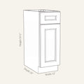 Dimension drawing of a Belmont Shaker standard base cabinet with 1 door and 1 drawer, 12w, 34.5h, 24d.