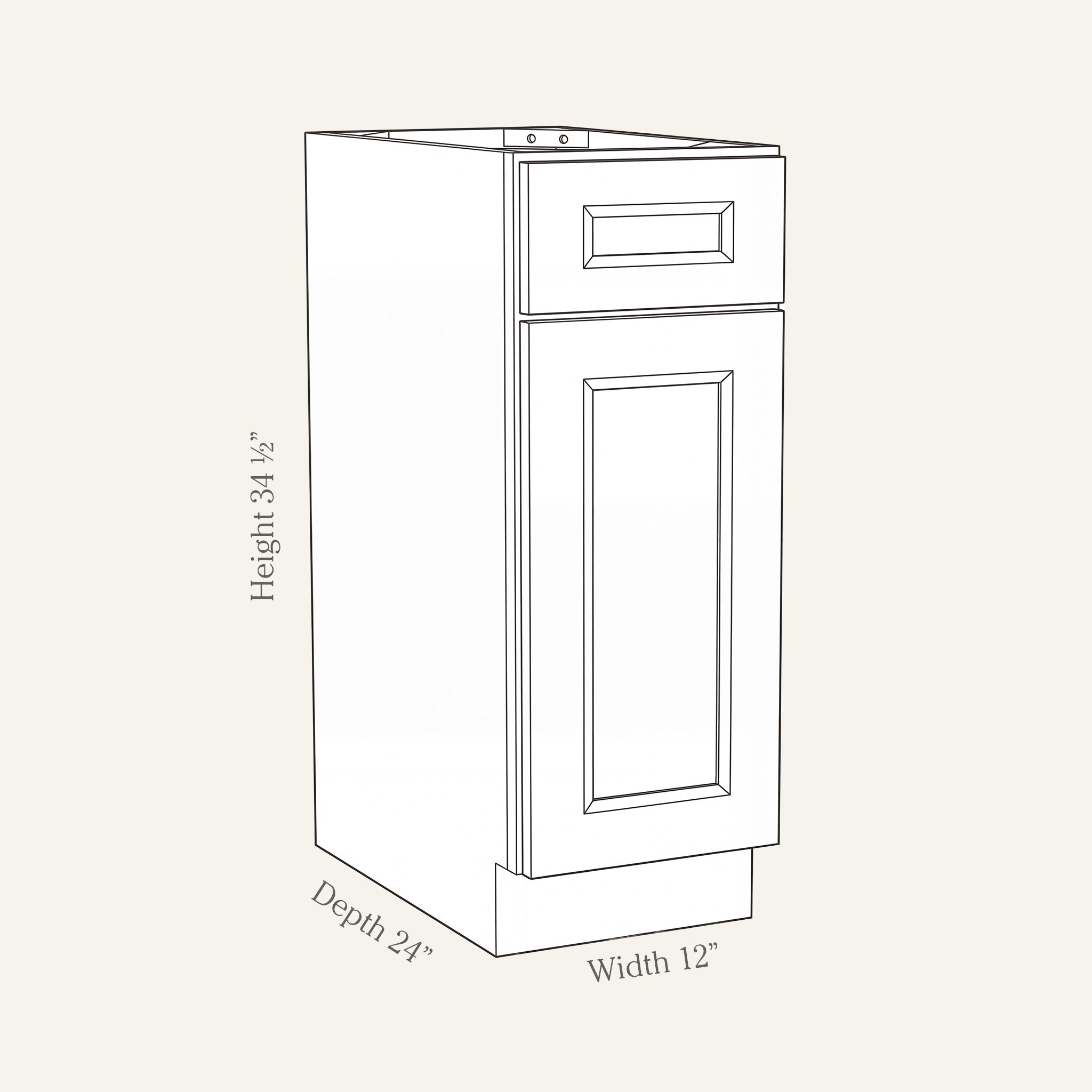 Dimension drawing of a Belmont Shaker standard base cabinet with 1 door and 1 drawer, 12w, 34.5h, 24d.