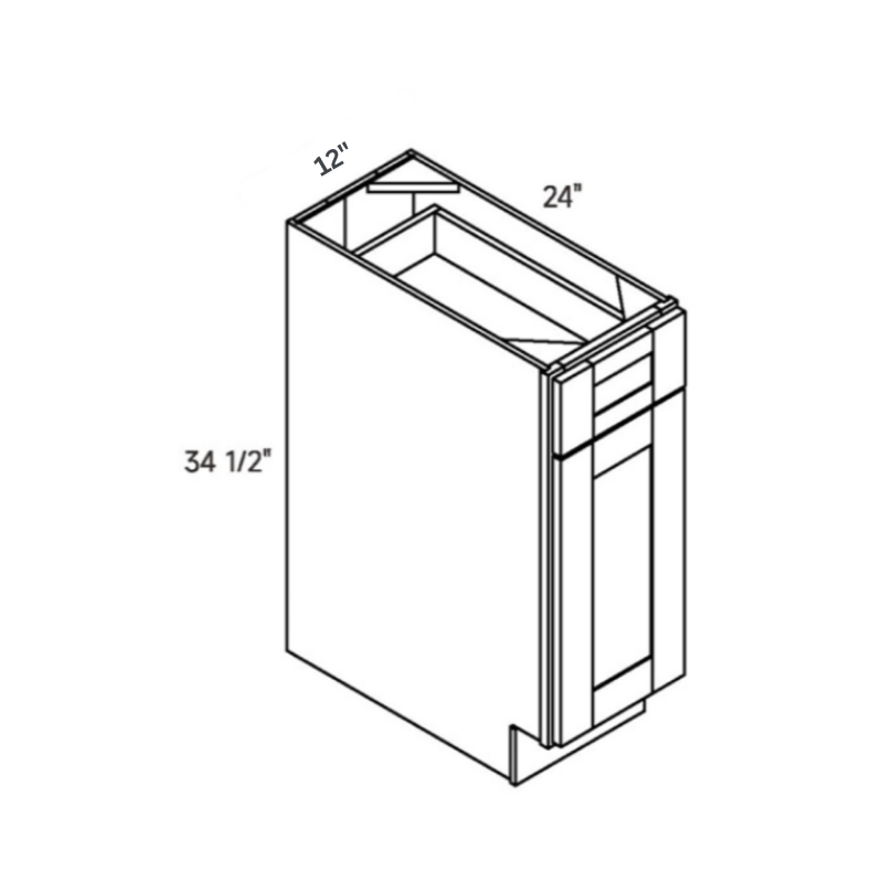 White traditional shaker base cabinet, 12″ wide, 32.5″ high, 24″ deep, shown in a technical line drawing with dimensions. Part of the Seaport line from the Kitchen & Cabinet Store.