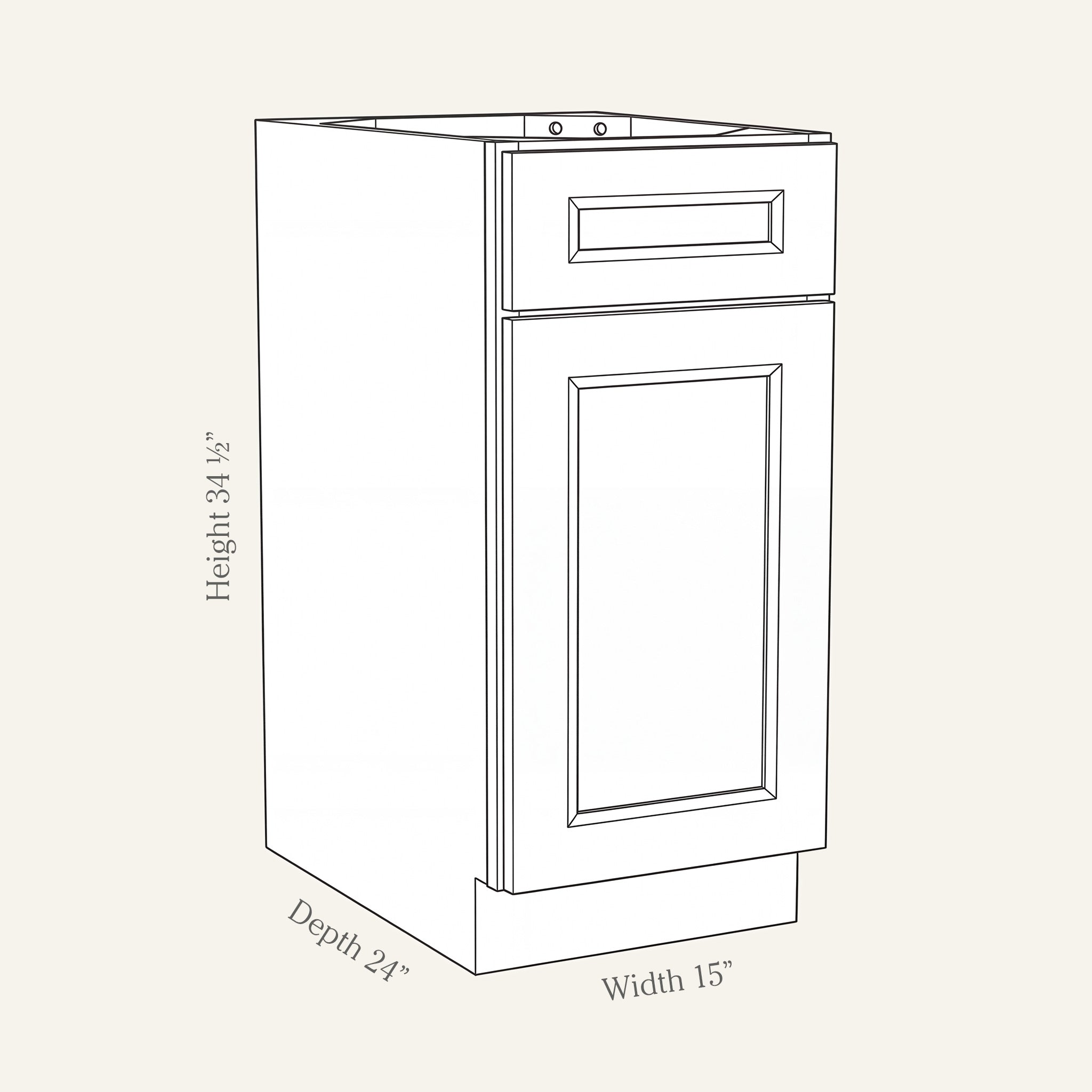 Dimension drawing of a Belmont Shaker standard base cabinet with 1 door and 1 drawer, 15w, 34.5h, 24d.