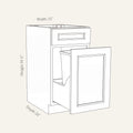 Dimension drawing of a Belmont Shaker trash pull-out base cabinet with 1 top drawer and 1 bin, 15w, 34.5h, 24d.