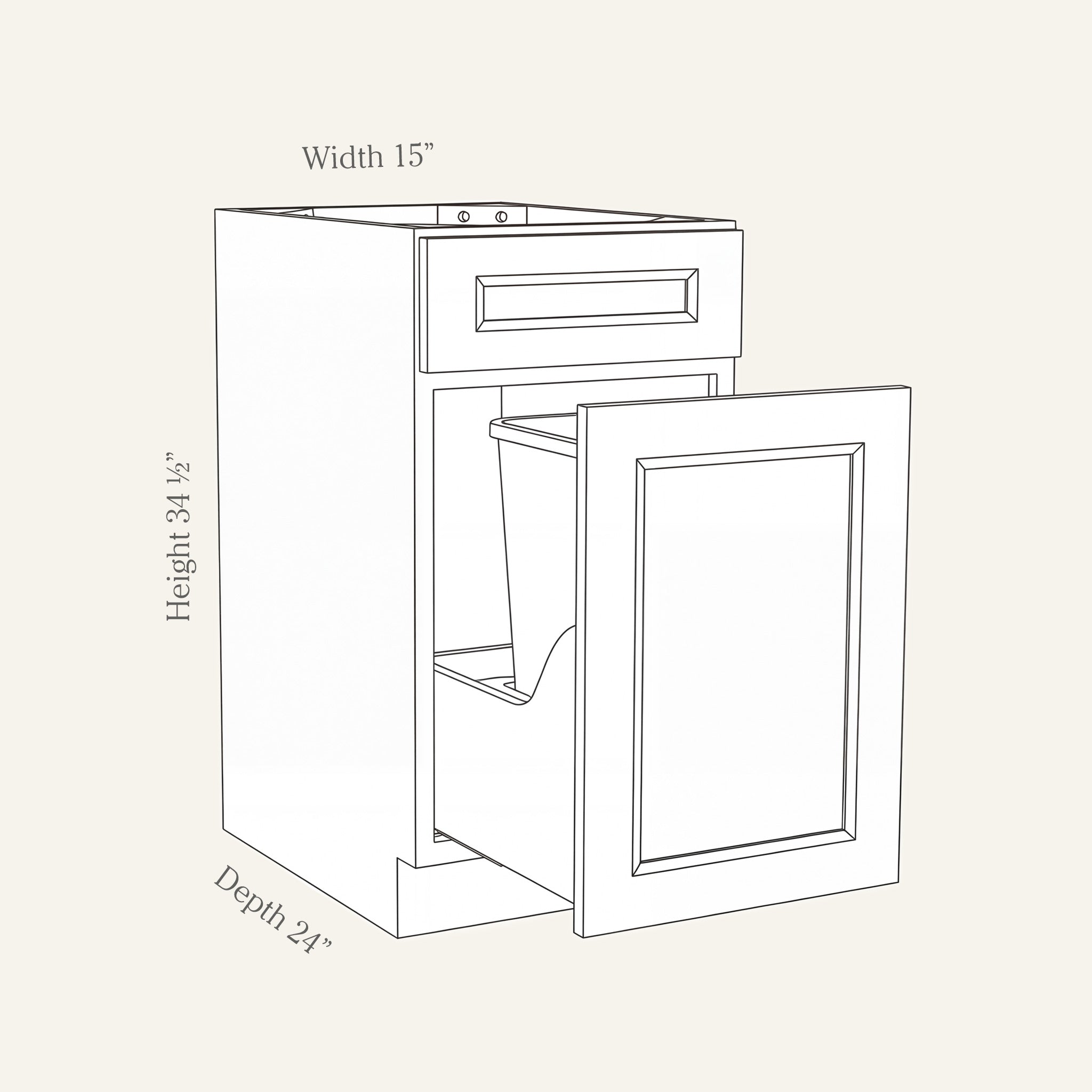 Dimension drawing of a Belmont Shaker trash pull-out base cabinet with 1 top drawer and 1 bin, 15w, 34.5h, 24d.