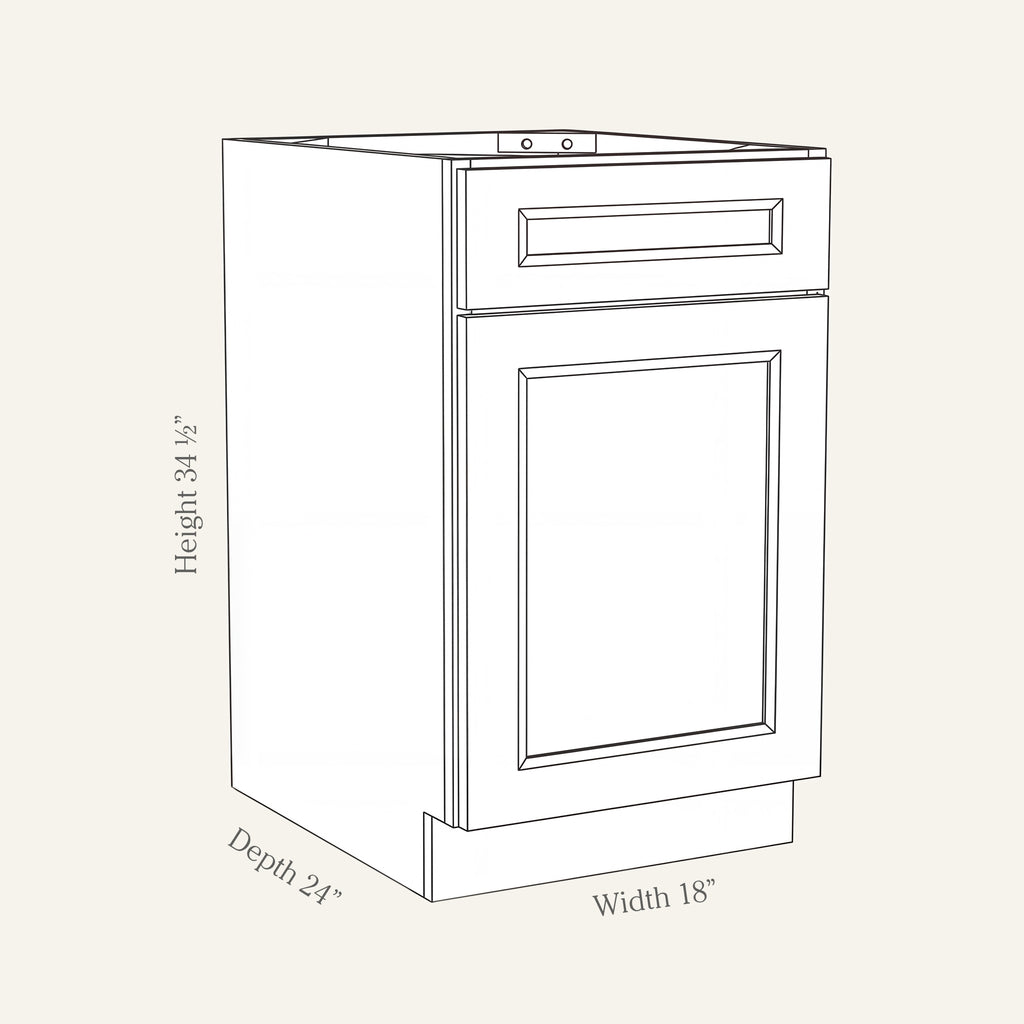 Dimension drawing of a Belmont Shaker standard base cabinet with 1 door and 1 drawer, 18w, 34.5h, 24d.