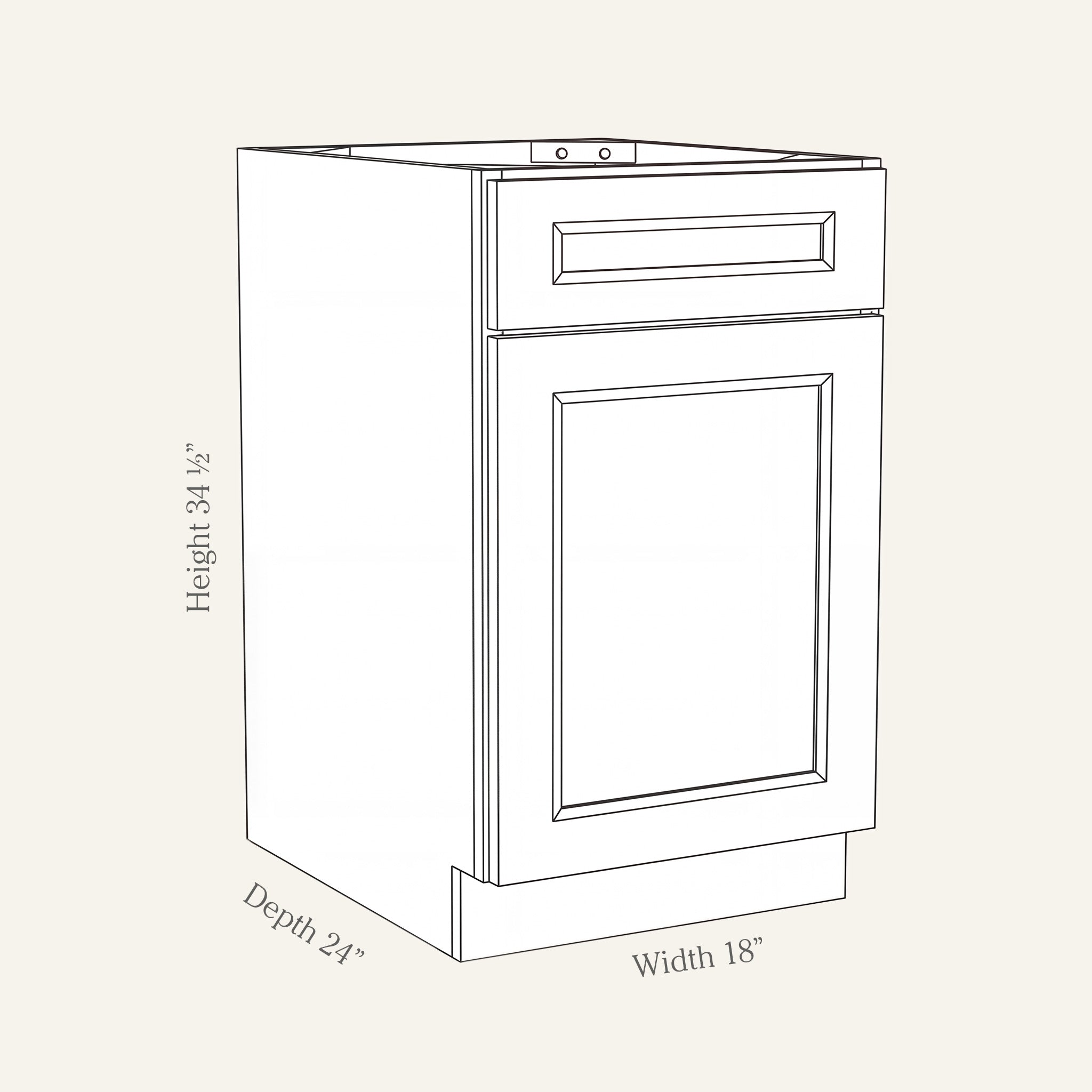 Dimension drawing of a Belmont Shaker standard base cabinet with 1 door and 1 drawer, 18w, 34.5h, 24d.