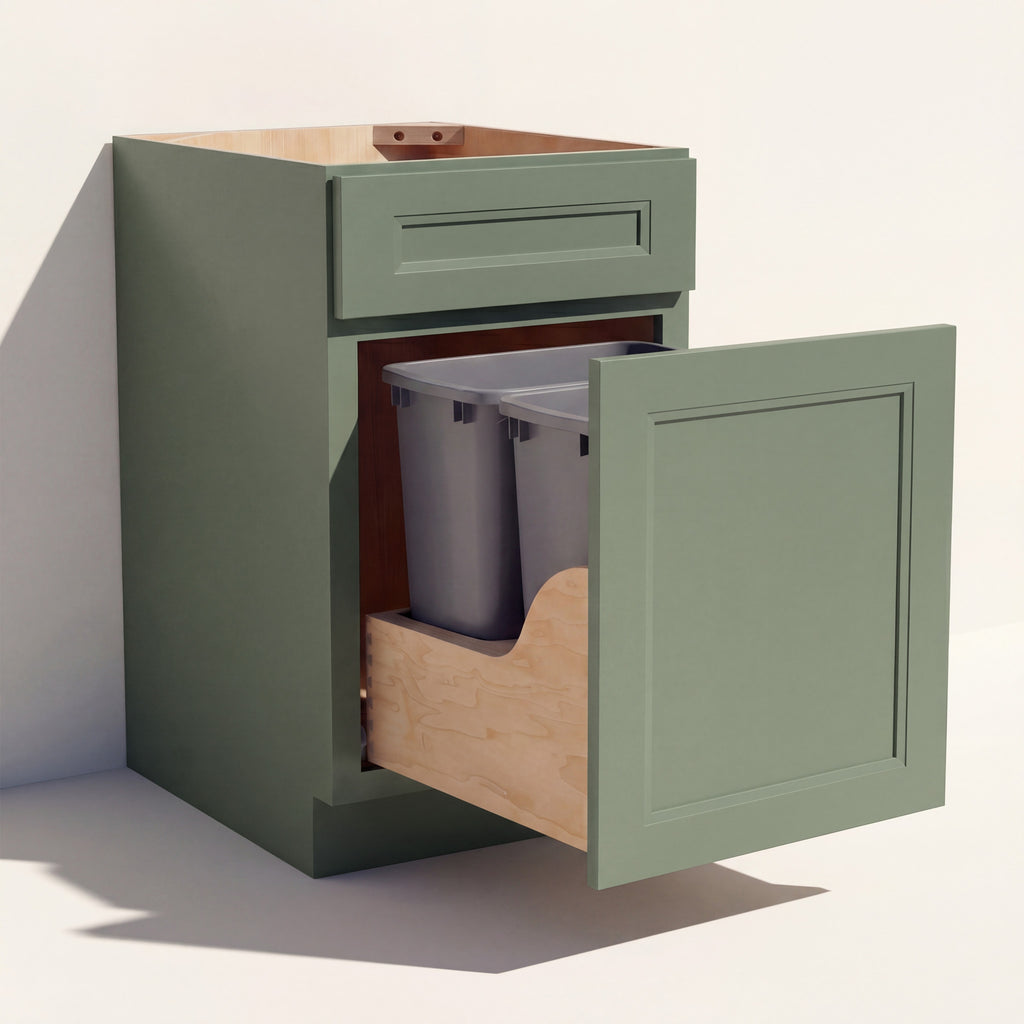 Angled view of a green Belmont beveled Shaker trash pull-out base cabinet with 1 top drawer and 2 bins.