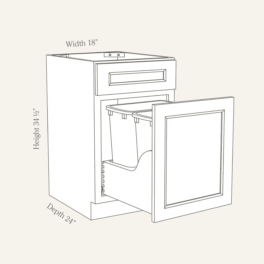 Dimension drawing of a Belmont Shaker double trash pull-out base cabinet with 1 top drawer and 2 bins, 18w, 34.5h, 24d.