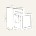Dimension drawing of a Belmont Shaker double trash pull-out base cabinet with 1 top drawer and 2 bins, 18w, 34.5h, 24d.
