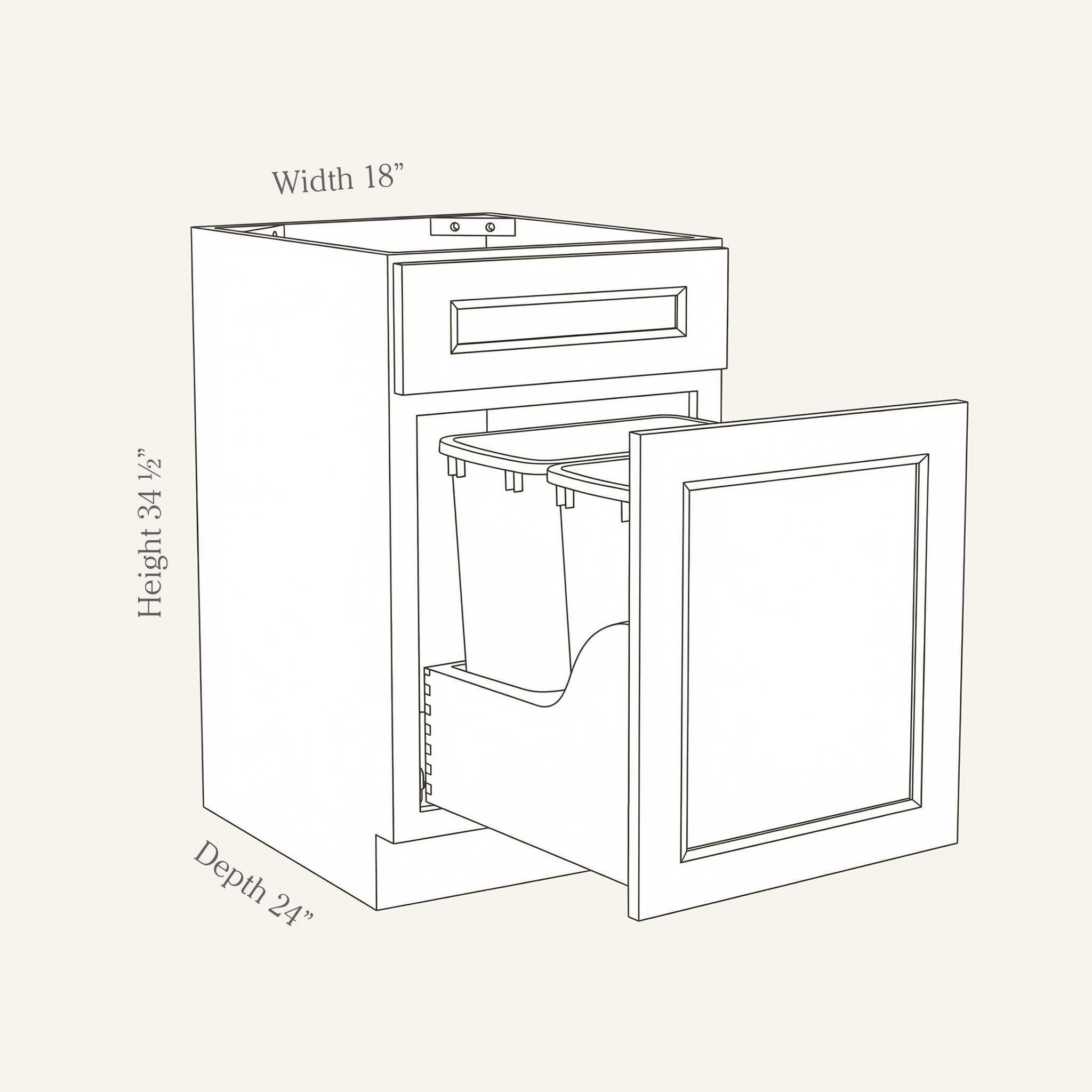 Dimension drawing of a Belmont Shaker double trash pull-out base cabinet with 1 top drawer and 2 bins, 18w, 34.5h, 24d.
