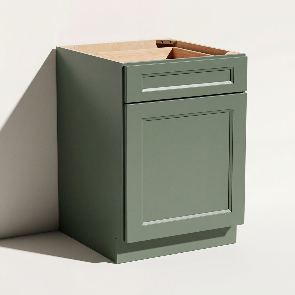 Angled view of a green 21w Belmont beveled Shaker standard base cabinet with 1 door and 1 functional drawer.