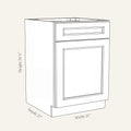 Dimension drawing of a Belmont Shaker standard base cabinet with 1 door and 1 drawer, 21w, 34.5h, 24d.